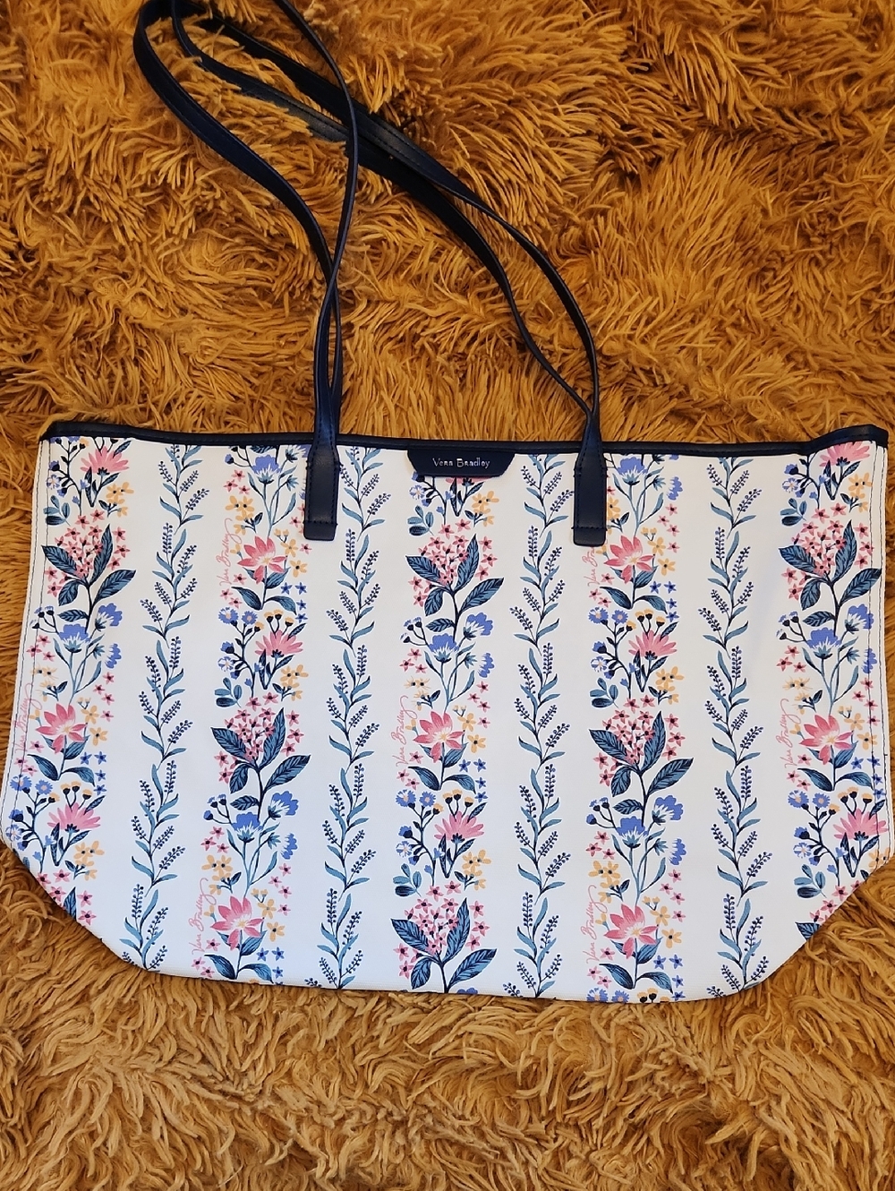 Vera Bradley Striped Floral Tote in White with Pink & Blue Accents